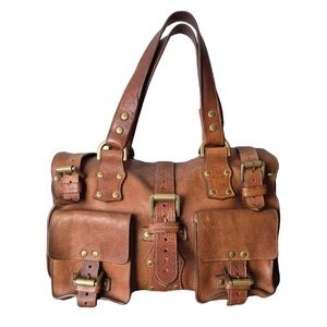 Mulberry Roxanne Leather Stud Embellished Handle Brown Handbag Satchel Purse
